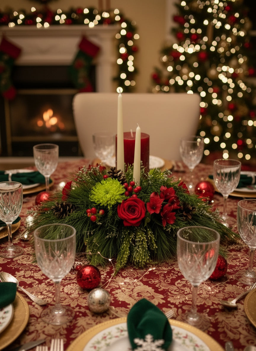 Centre de table festif composé de roses rouges, alstroemères, verdure hivernale, baies rouges et deux bougies blanches, parfait pour les décorations des fêtes.