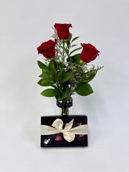 Trio Roses vase et Chocolats